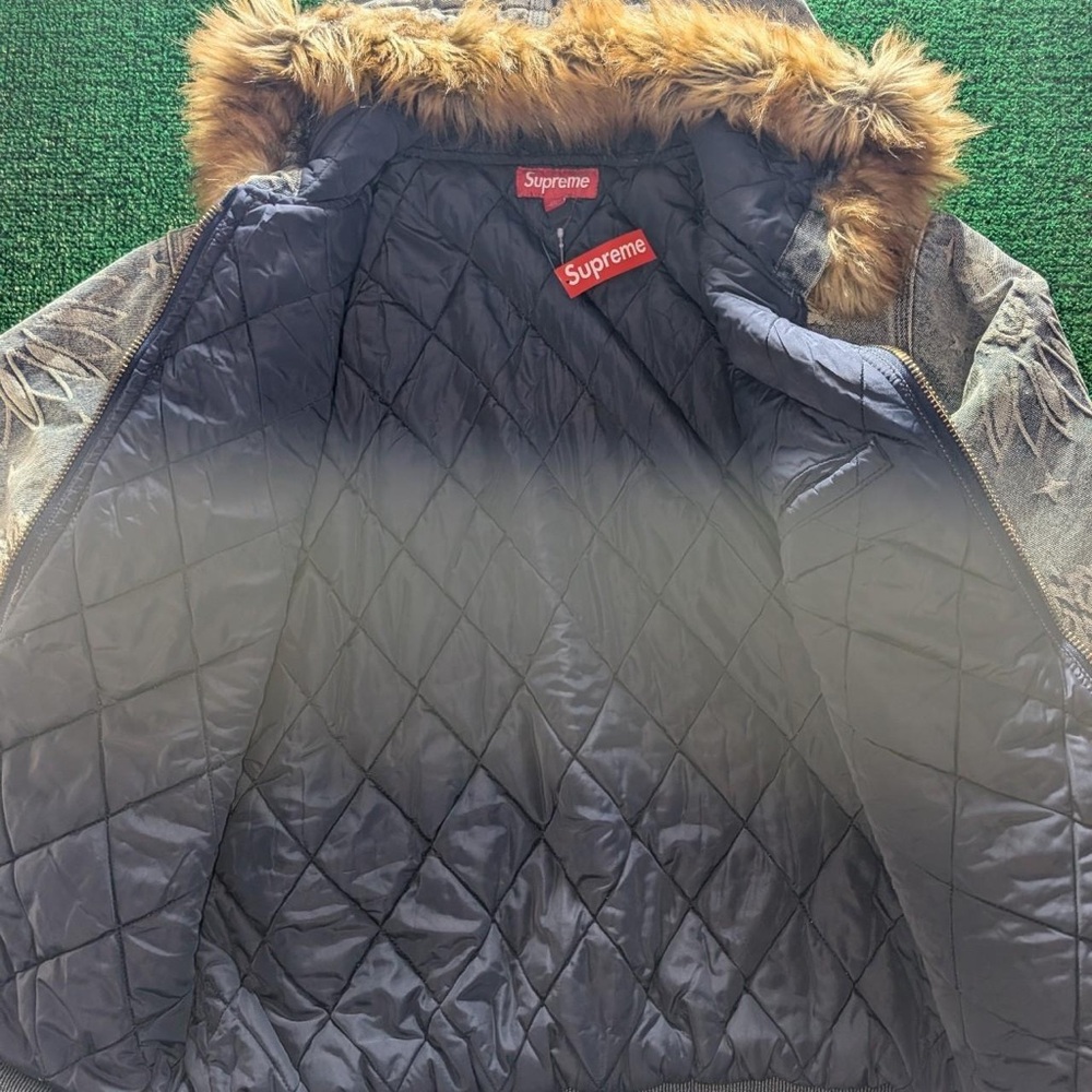 Supreme Patterned Gray Bomber Jacket With Fur Hood - image 4